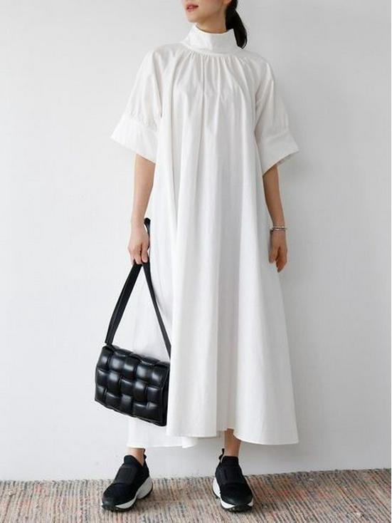 

Белое платье с рукавами средней длины и пышными рукавами-фонариками, со стойкой воротником, 2023, из высококачественной ткани One Size белый