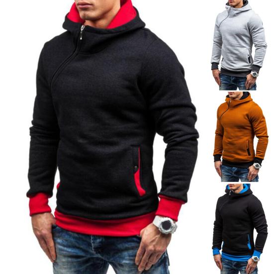 Autumn Winter Men Hoodie Slant Zipper Contrast Color Patchwork Pullover Thick Slim Fit Hooded Sweatshirt Streetwear