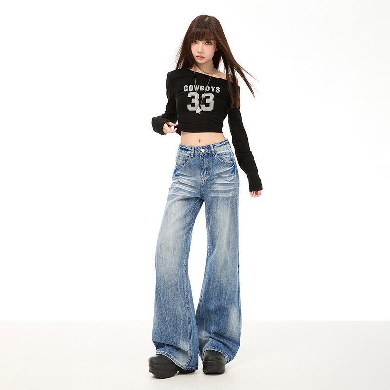 American heavy industry tie-dye non-elastic and non-stick legs loose and slightly widened comfortable Spice Girl fashion flared pants jeans women
