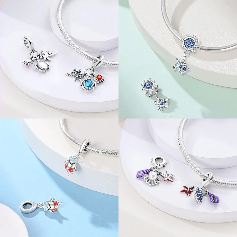 Ocean World Series Sea Blue Turtle Starfish Crab Octopus Charms Bead Fit Bracelet Copper Diy Jewelry Gift