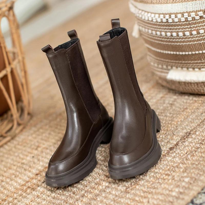 Fashion Hot Genuine Leather Women's Boots Office Lady Slip-On Chelsea Boots Fashion Ankle Boots Round Toe Flat with Women Shoes Platform