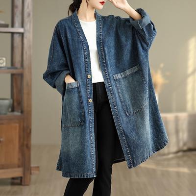 DIMANAF 2025 Herfst Denim Jassen Lange Jas Lange Mouw Shirt Dames Los Blauw Vintage Tops Plus Size Jas