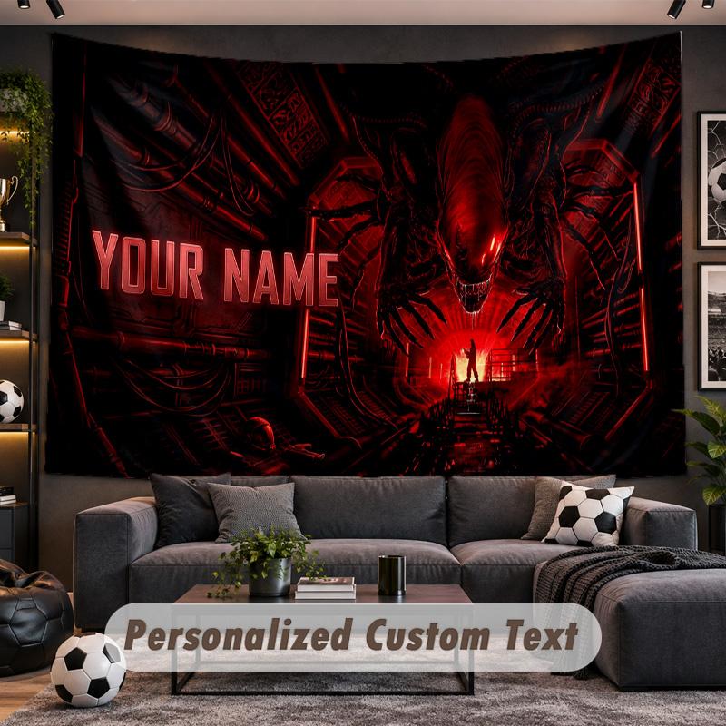 Alien Xenomorph Personalized Tapestry Support Custom Name, Wall Art Home Decoration