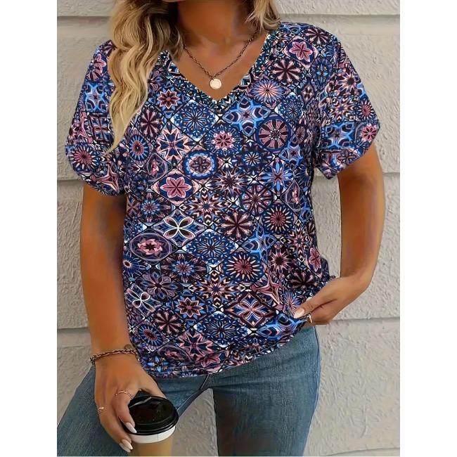 Summer V-neck 3D Retro Flower Printed Top Fashionable Casual Short Sleeved Women's T-shirts