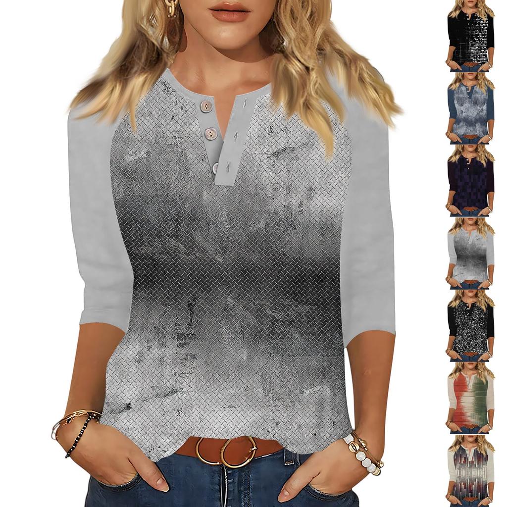 T-skjorte med trykkknapp for kvinner 3/4-ermet Daglig helgmote Basic V-hals vanlig topp