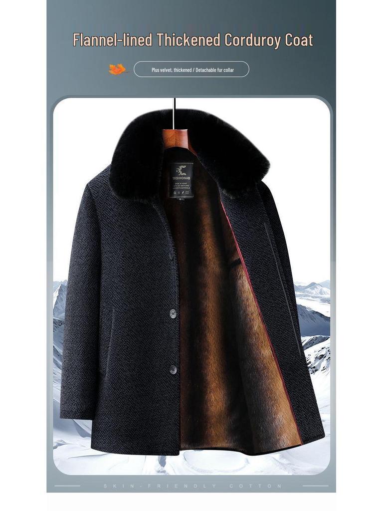 Men's Mid-Age & Elder Plus Velvet Thick Wool Coat - Winter Mid-Length Overcoat for Dad & Grandpa