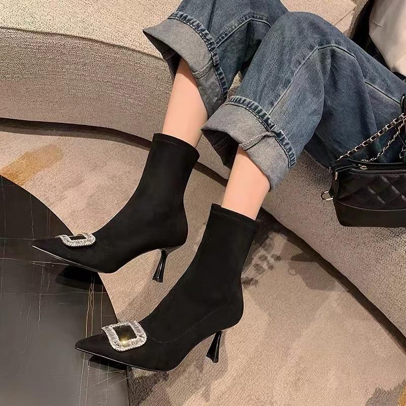 Pointed Thin High-heeled Small Short Boots for Women's Spring and Autumn New Rhinestone Square Buckle Elastic Fashion Thin Socks Boots