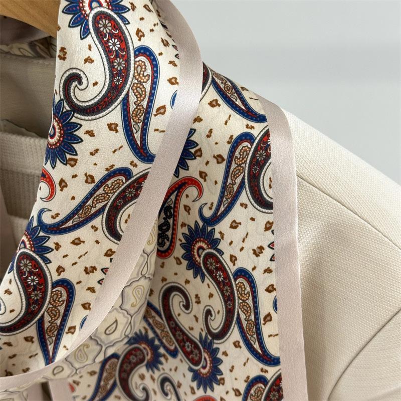 Silk Scarf Women's Beige Cashew Flower Temperament Mulberry Silk Silk Scarf Thin, Narrow and Long Double-sided Scarf Streamer