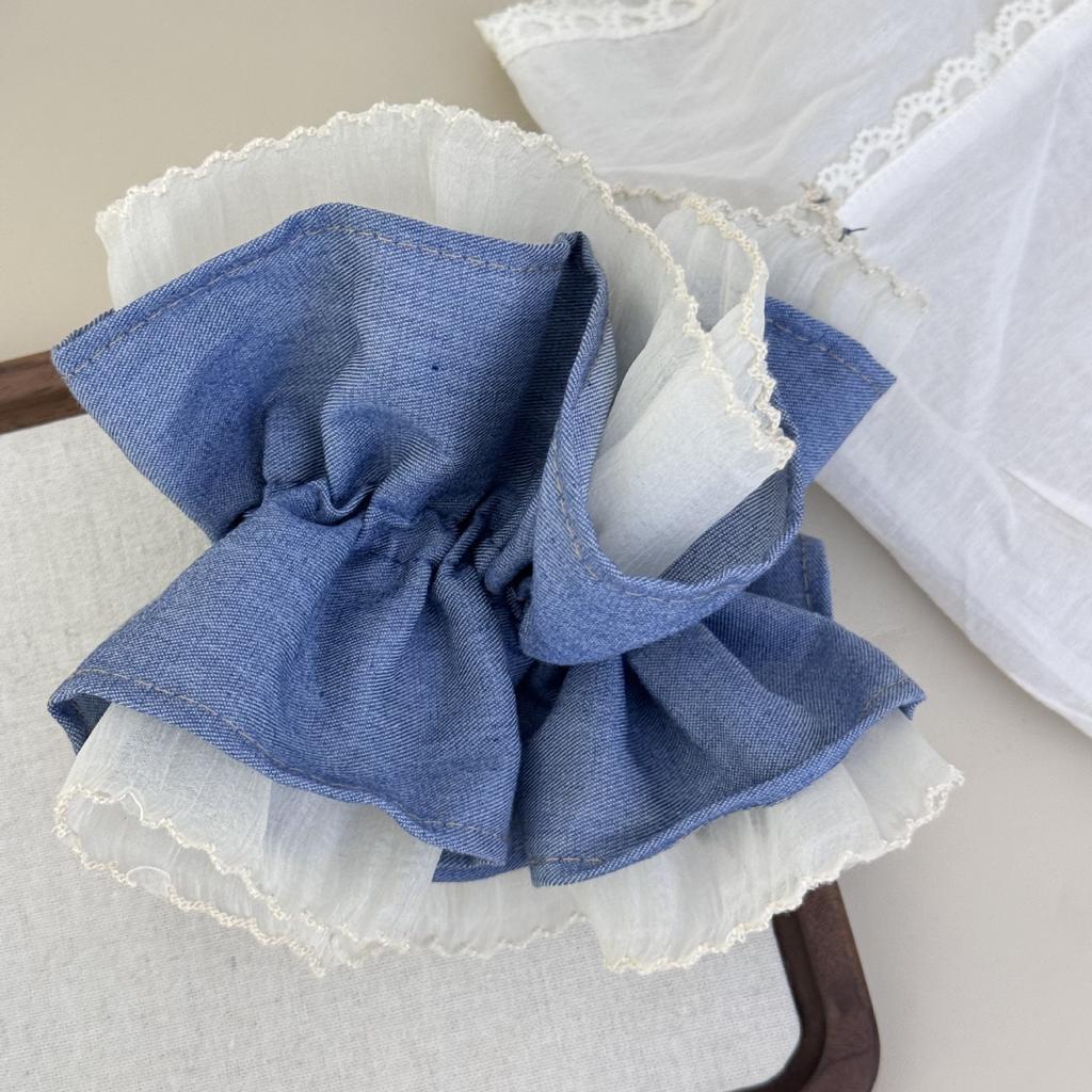 Korean Blue Mesh Large Intestine Hair Band Fresh Simple and Gentle Flower Ponytail Tie High-end Hair New In Accessory Vintage