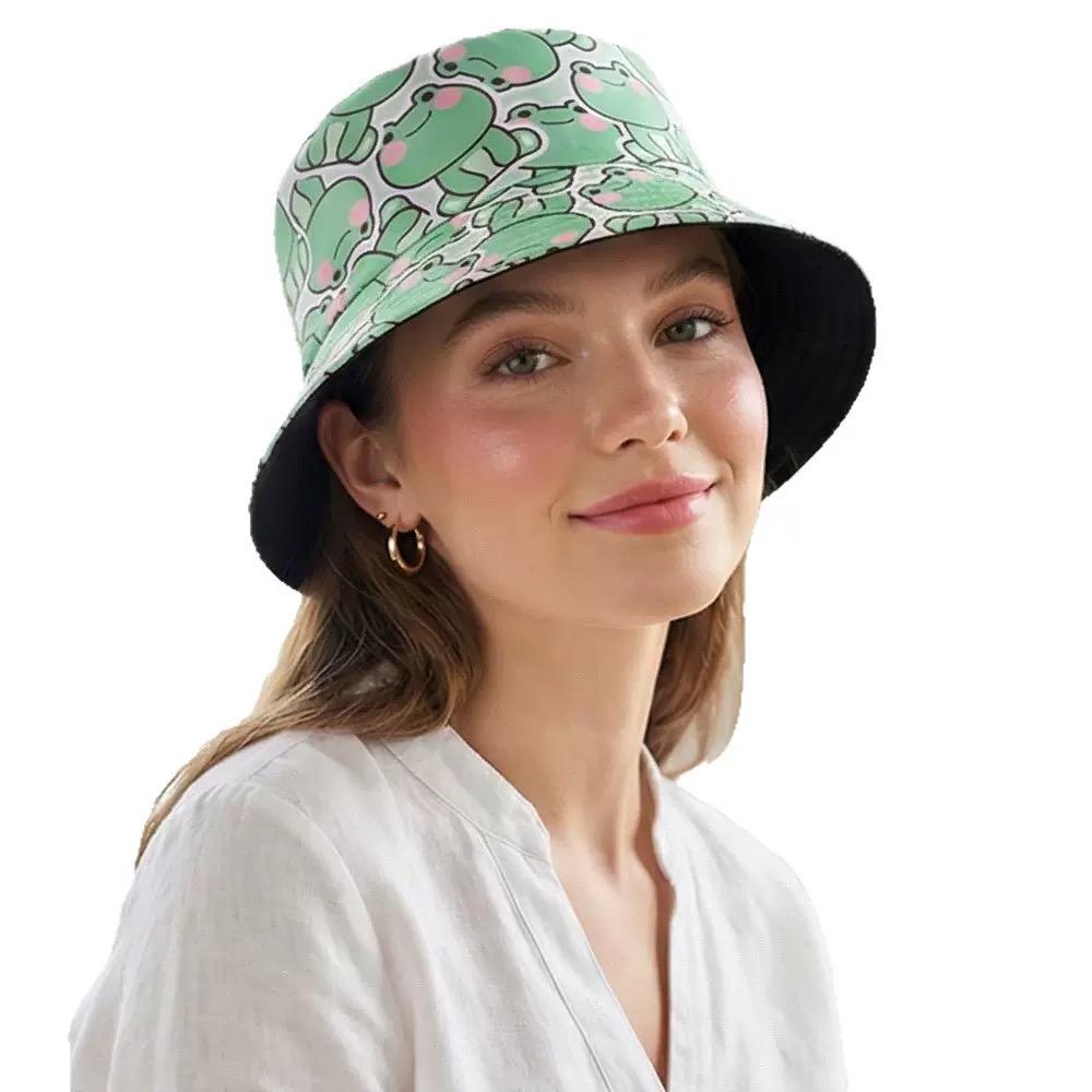 Comfortable Home Life Women's Green Cartoon Frog Pattern Reversible Fisherman Hats Panama Hats Summer Sunscreen Fisherman Hat Man Decorate Bucket Hats 56-58Cm