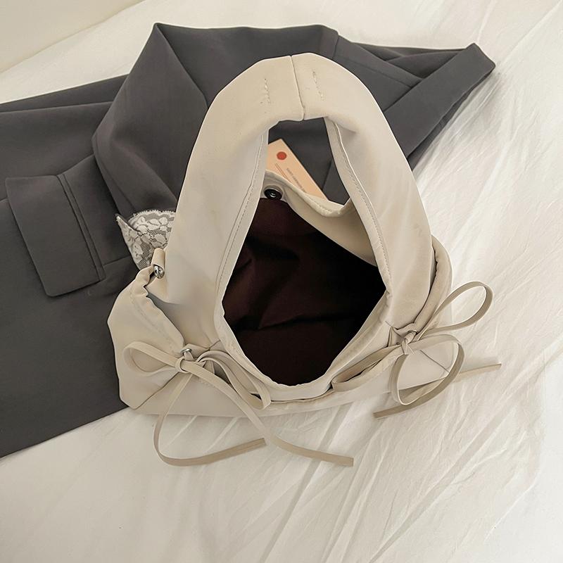 Cream Soft Shoulder Bag with Adjustable Drawstring Bows for Casual Daily or Trendy Urban Outings