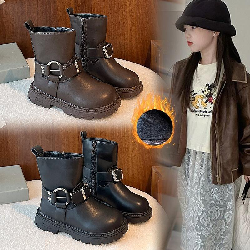 Children Leather Boots Suede Warm Kids Boots Korean Style Versatile Autumn Winter Girls Princess Boots Round Toes