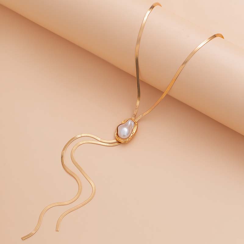 Vintage Metal Snake Chain Pearl Pendant Necklaces for Women Fashion Gold Color Long Tassel Adjustable Necklaces Party Jewelry
