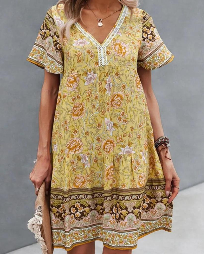 Summer French Retro V-neck Floral Dress - Beach Vacation Style for Women