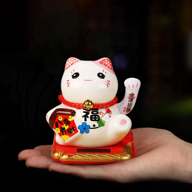 Ceramic Lucky Cat Ornament Maneki Neko Beckoning Fortune Cat Home Car Decoration Gift Wealth Waving Arm Cat Solar Powered