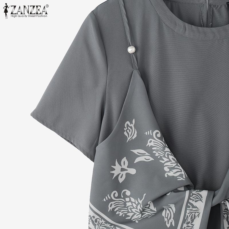 ZANZEA Women Summer Print Patchwork Casual Round Neck Short Sleeve T-Shirts