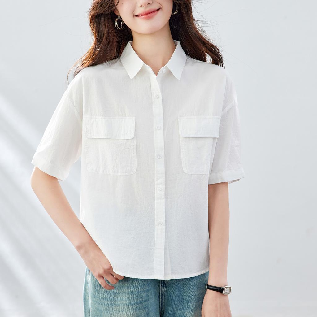 Latest Summer Korean Short-sleeved Blouse for Women Korean Relaxed Fit Double Pocket Thin Versatile Mid-sleeved V-neck