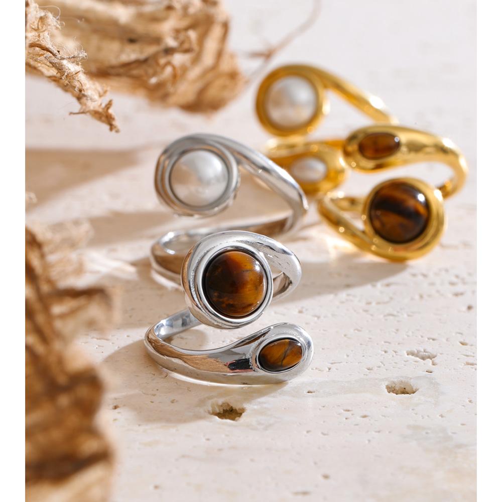 Yhpup Size 8 Natural Tiger Stone Simulated Pearls Finger Ring for Women Stainless Steel Trendy Fashion Daily Jewelry PVD Plated