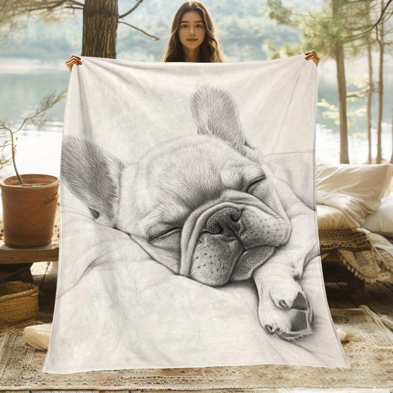 VIKAMA Sketch French Bulldog Flannel Throw Blanket Black White Pencil Dog Neutral Bedroom Camping Decor Gift Cover