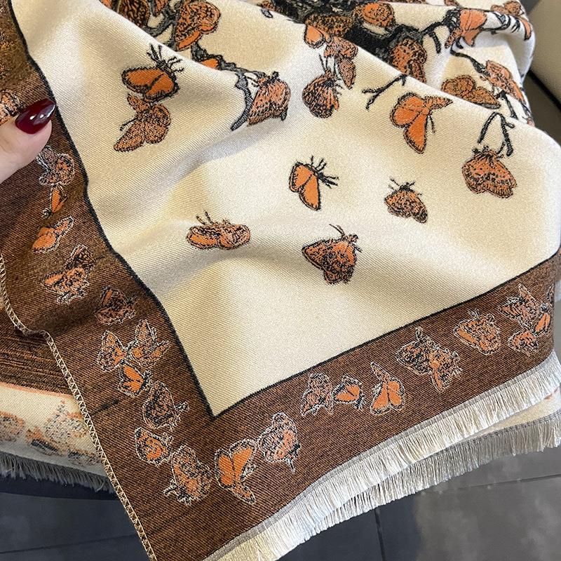 Autumn and Winter New Korean Style All Match Imitation Cashmere Scarf for Women with Butterfly Flying Print Thickened Warm Shawl and Scarf