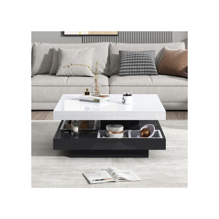Table Basse Fonctionnelle Avec Plateau Brillant, Plateau Pivotant À 2 Niveaux Avec Compartiments De Rangement,base Noire 70*70*36cm