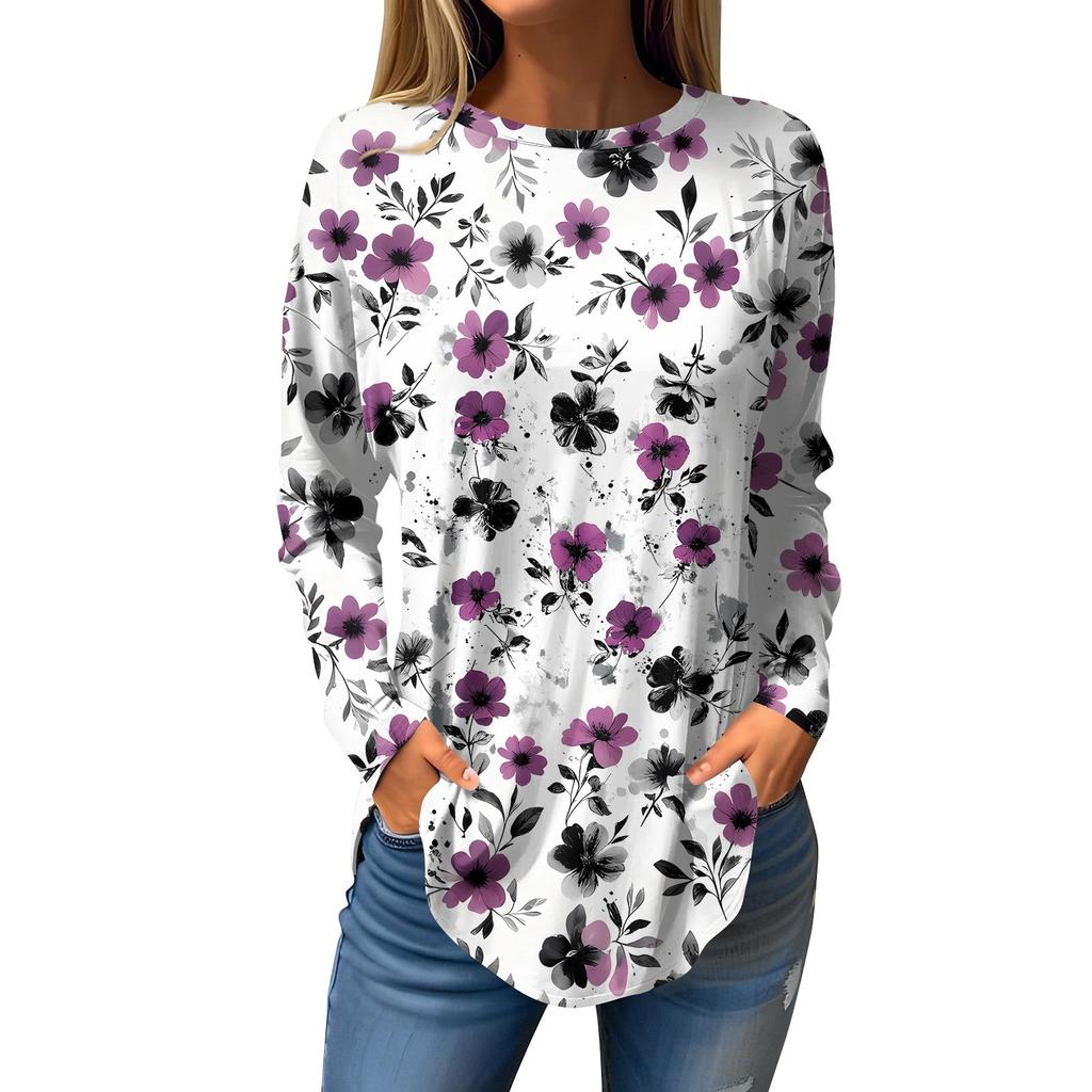 Women's Loose Round Neck Print Long Sleeve T-Shirt Top Pullover