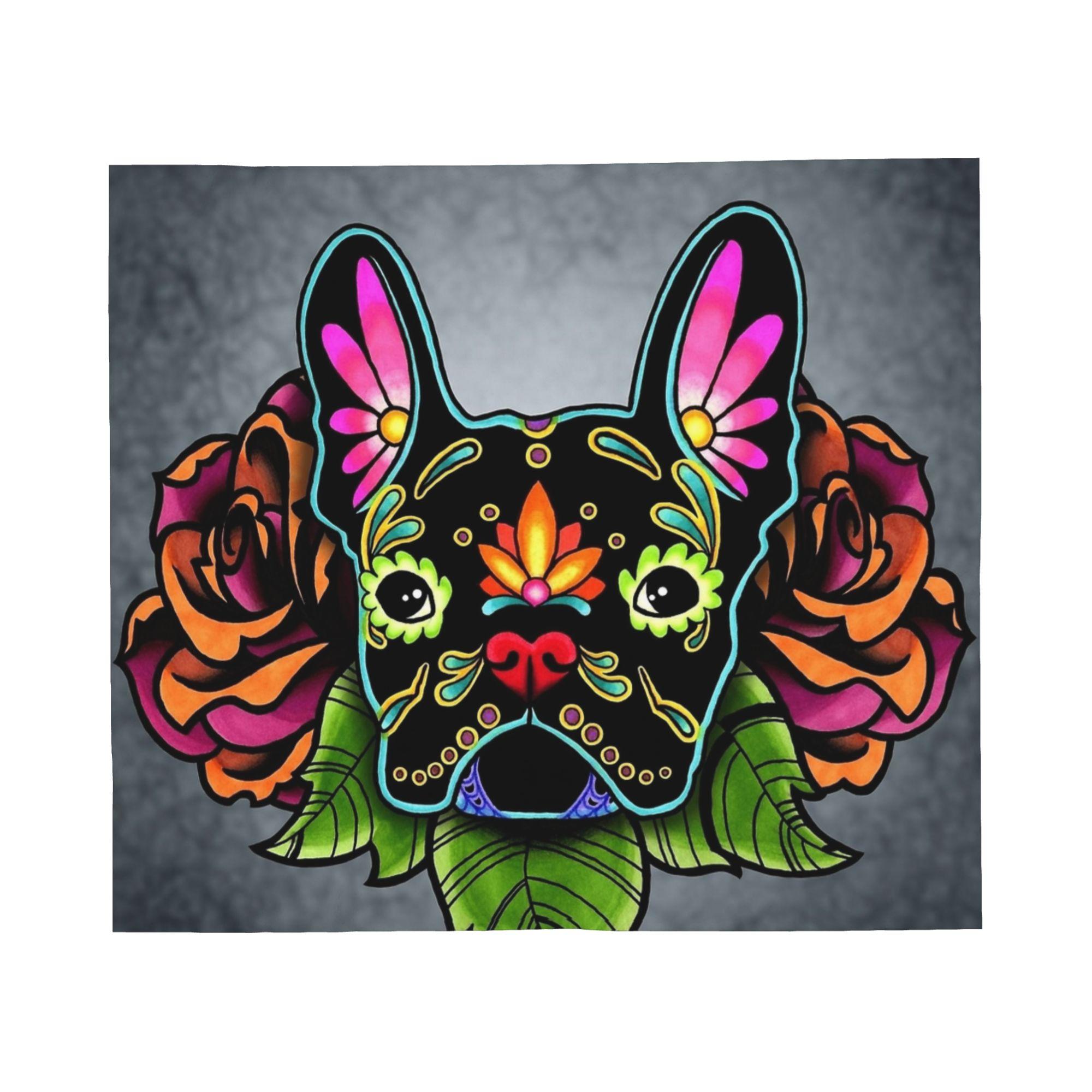 French Bulldog in Black Sugar Skull Dog Blanket Flannel Day of the Dead Warm Throw Blanket for Sofa Travel Plush Thin Quilt 30x40in