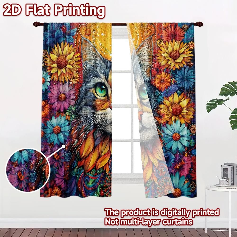 2D flat printing 2pcs Curtain Party Curtains Spring Cat with Flowers Digital Printed Polyester Drapes Family Party Decoration