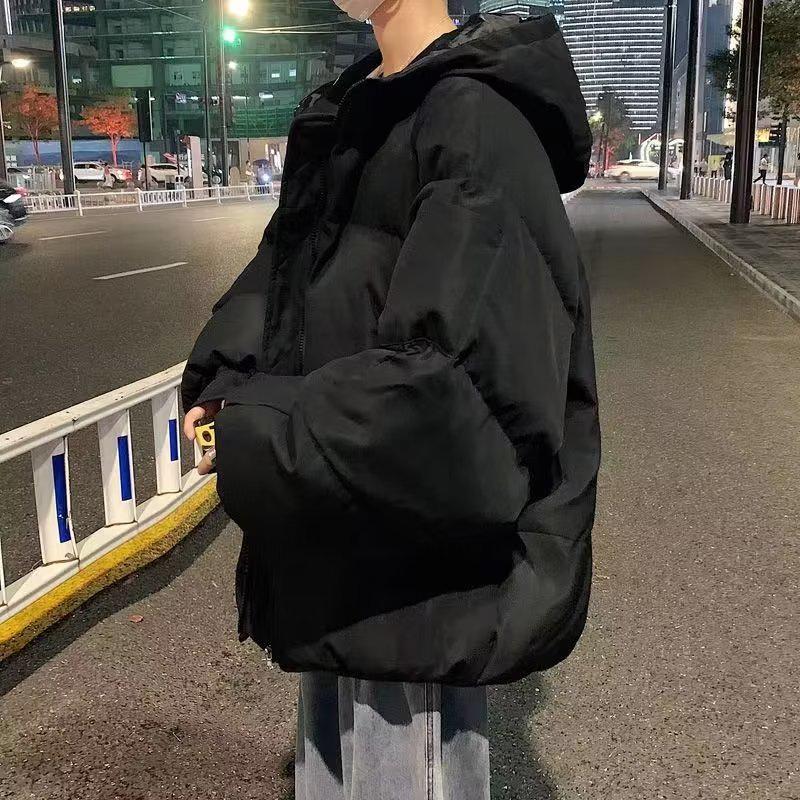 Men's Hong Kong Style Hooded Cotton Padded Winter Jacket - Short, Thick, Warm, and Trendy Loose-Fit Coat in Solid Color