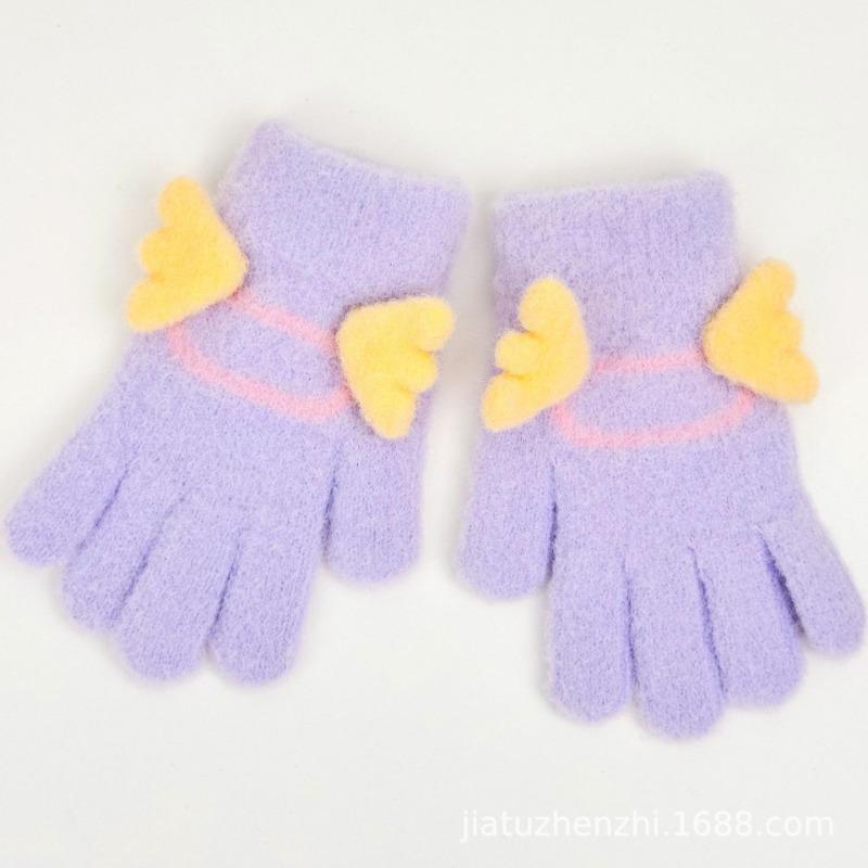 Children's cute gloves five fingers warm angel wings piled and thickened cute children's outdoor travel five fingers