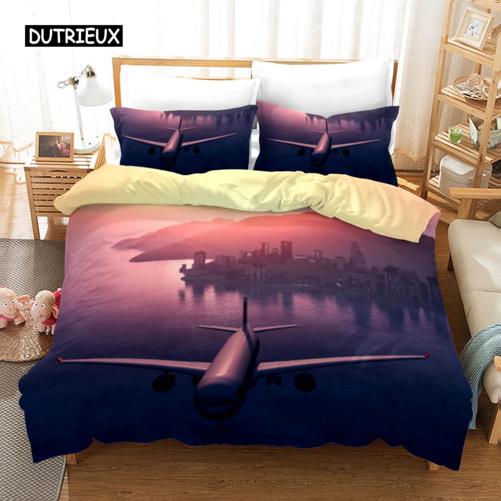 Plane Duvet Cover Microfiber Airplane Flying Through The Blue Sky Plane Theme Bedding Set for Boys Girls Double Queen King Size