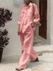 Fashion Solid Cotton Linen Shirt Set for Women Long Sleeve Blouse Top Pockets Pants Suit Female Casual Outfits