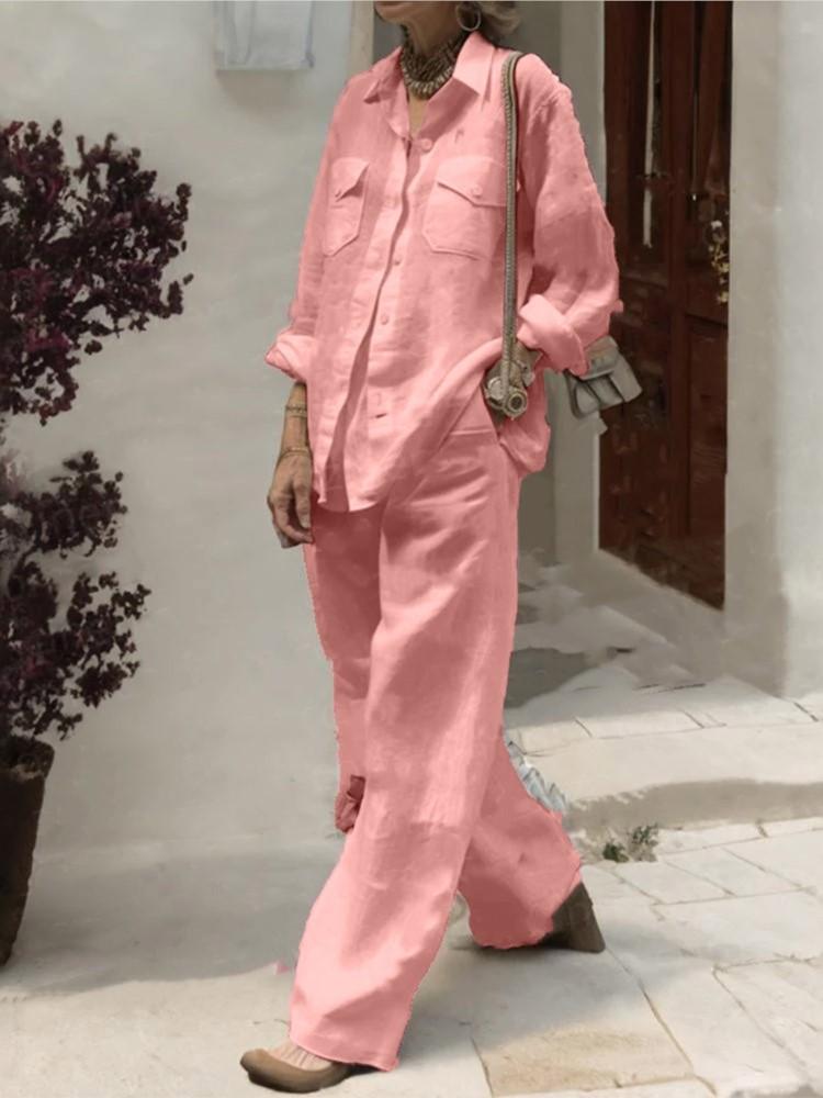 Fashion Solid Cotton Linen Shirt Set for Women Long Sleeve Blouse Top Pockets Pants Suit Female Casual Outfits