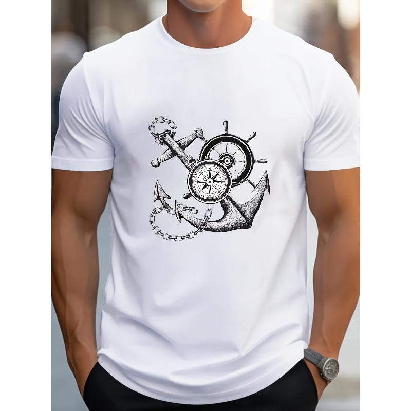 

European Size Anchor And Compass Graphic Print Men s Short Sleeve T-Shirt, Fashion T-Shirt, Casual Comfortable Versatile Summer Top S белый