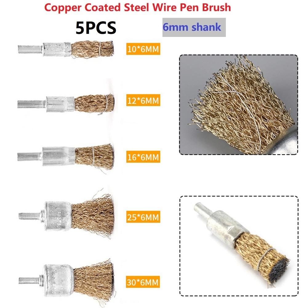 5Pcs 6mm Shank Copper Plating Stainless Steel Wire Wheel Brushes Rotary Tool For Deburring Removal Rust Metal Polishing