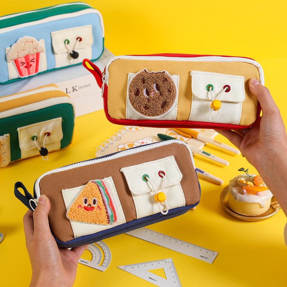 TOME Adorable Cartoon Pizza Sandwich Double Zipper Pencil Case - Large Capacity for Girls and Students