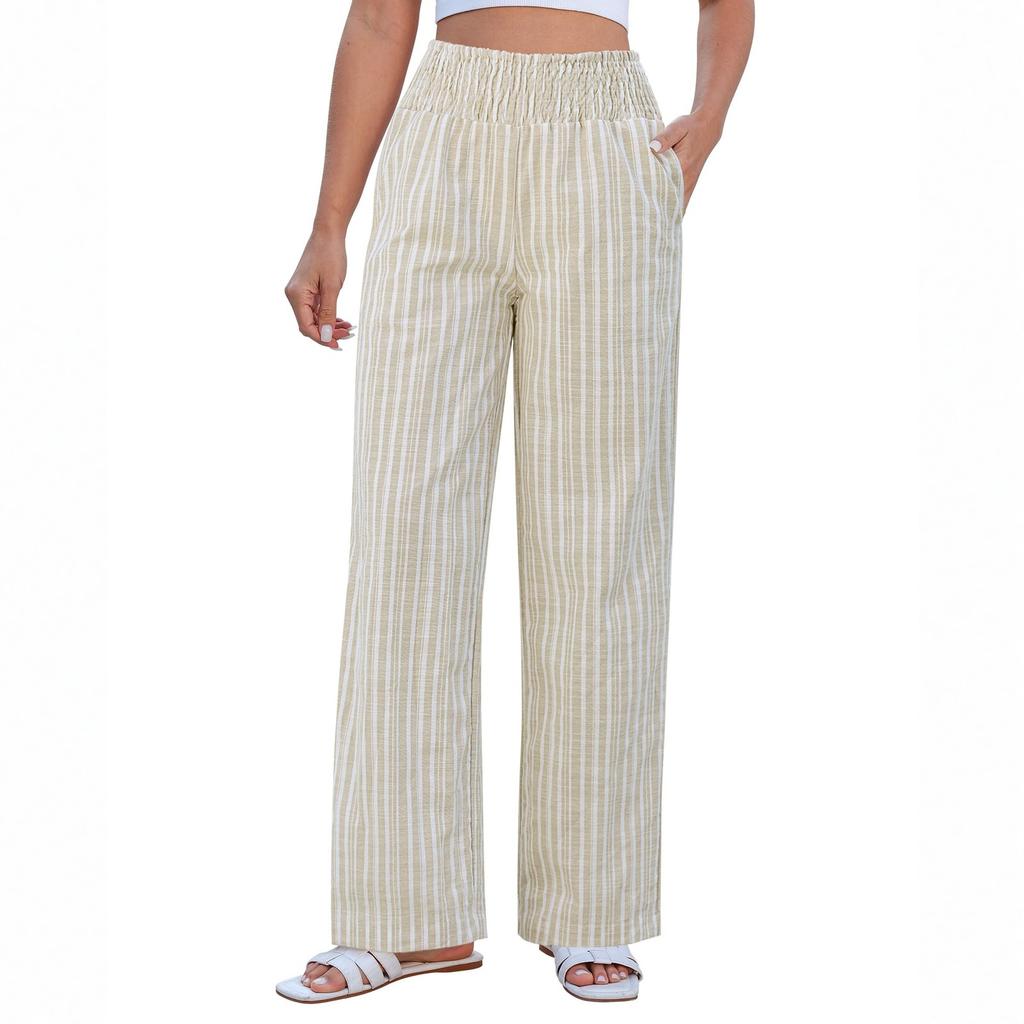 Ladies' Casual And Fashionable High Waist Wide Leg Striped Linen Pants