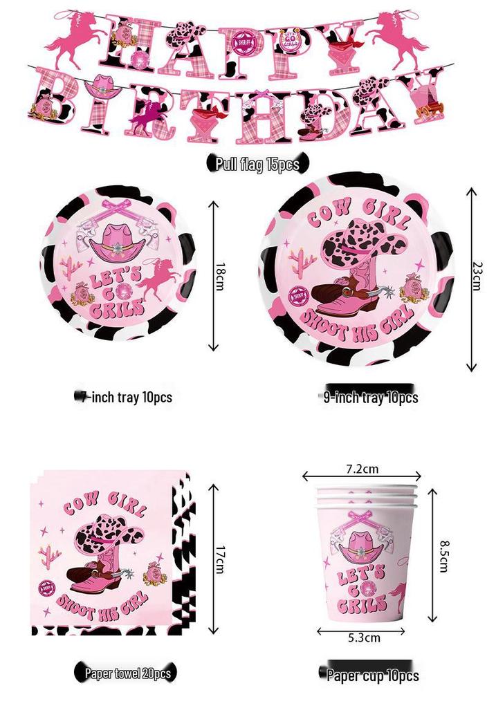 Pink Cowgirl Party Tableware Set: Gun & Rose Series Cups, Plates, Decorations