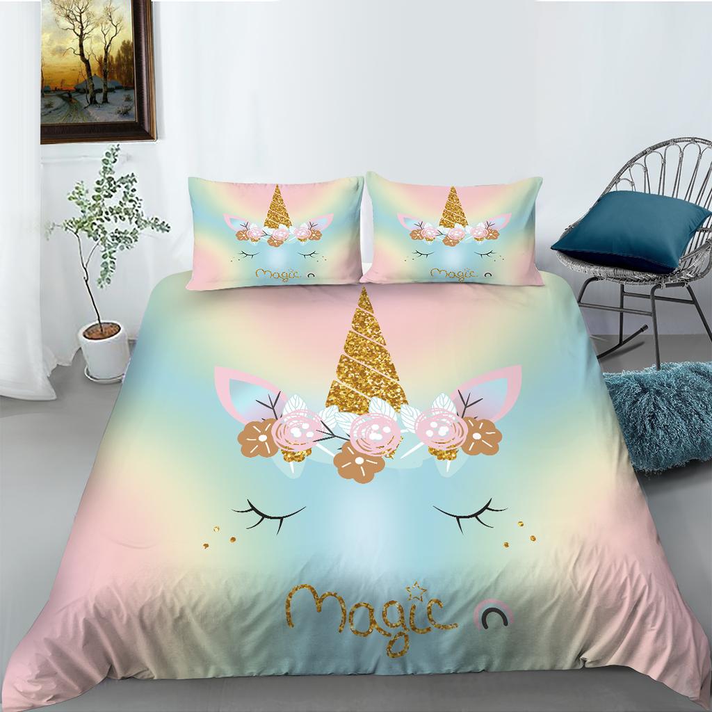 Home Bedding Set Unicorn Printed Quilt Cover and Pillow Case 2/3 Pieces Soft Washable Quick Drying Full Size Home Decoration