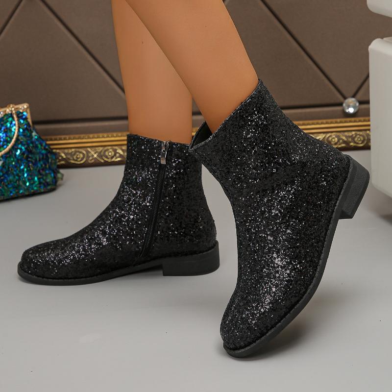 Fashion Women's Mid Heel Sexy Thick Bottom Shoes 2024 New Ladies Glitter Gold Chunky Heel Sequins Trendy Women's Shoes