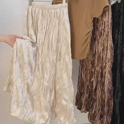 Elegant Velvet Pleated A-Line Skirt: Women's 2024 Spring/Autumn Casual Long Skirt with Age-Reducing Design