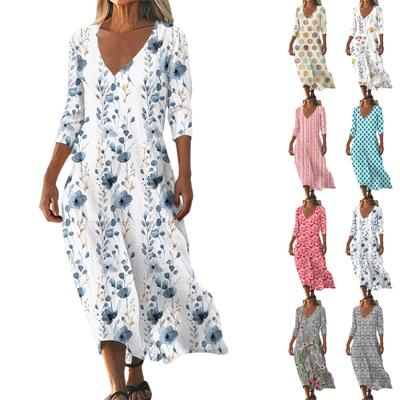 Dresses For Womens Vintage Print Tunic Waisted Midi Dress Summer Casual 3/4 Sleeve Dress