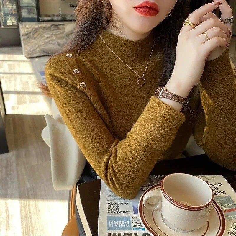 Casual Long Sleeve Soft Warm Sweater Women Fashion Stand Collar Base Pullover Women Autumn And Winter Thickened Knitwears Tops 29602