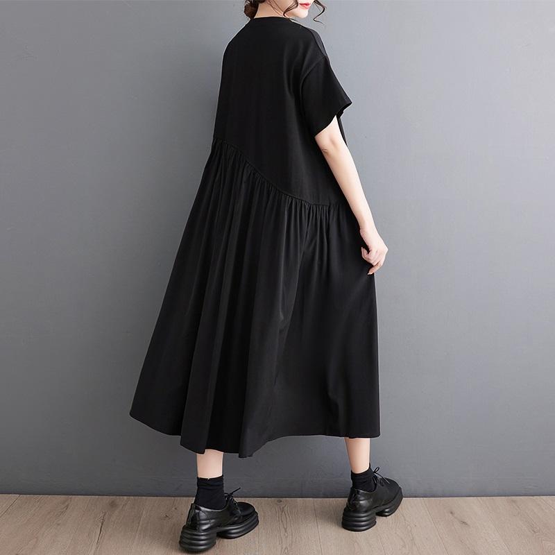 short sleeve Plus size Black cotton vintage new in dresses for women casual loose long summer dress