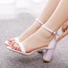 7cm Thick Heel Shallow Mouth One-length Striped Square Heel Sandals White Satin Cloth Bridal Wedding Shoes Banquet Skirt Sandals