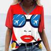 Ladies' V-neck T-shirt 3D Digital Printing Art Abstract Face Fashion Casual Trend Printed Short Sleeved Shirt