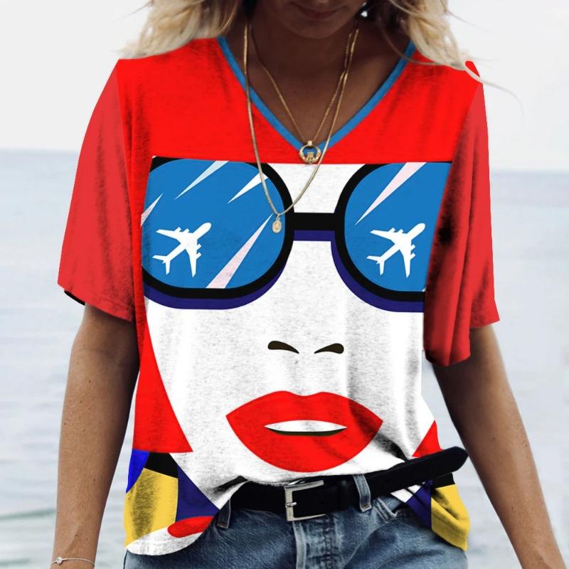 Ladies' V-neck T-shirt 3D Digital Printing Art Abstract Face Fashion Casual Trend Printed Short Sleeved Shirt