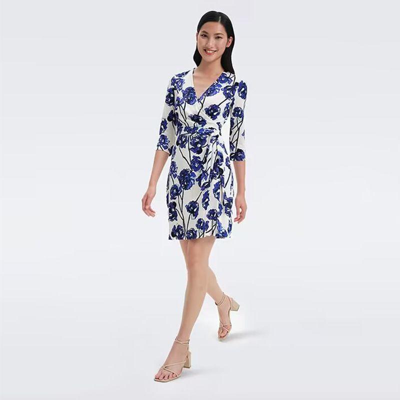 

D s Same Style Blue Print High end Elegant Lace-up Solid Wrap Dress Slim fit Slimming 3/4 Sleeve Dress The same model (blue and white collarless skirt) S