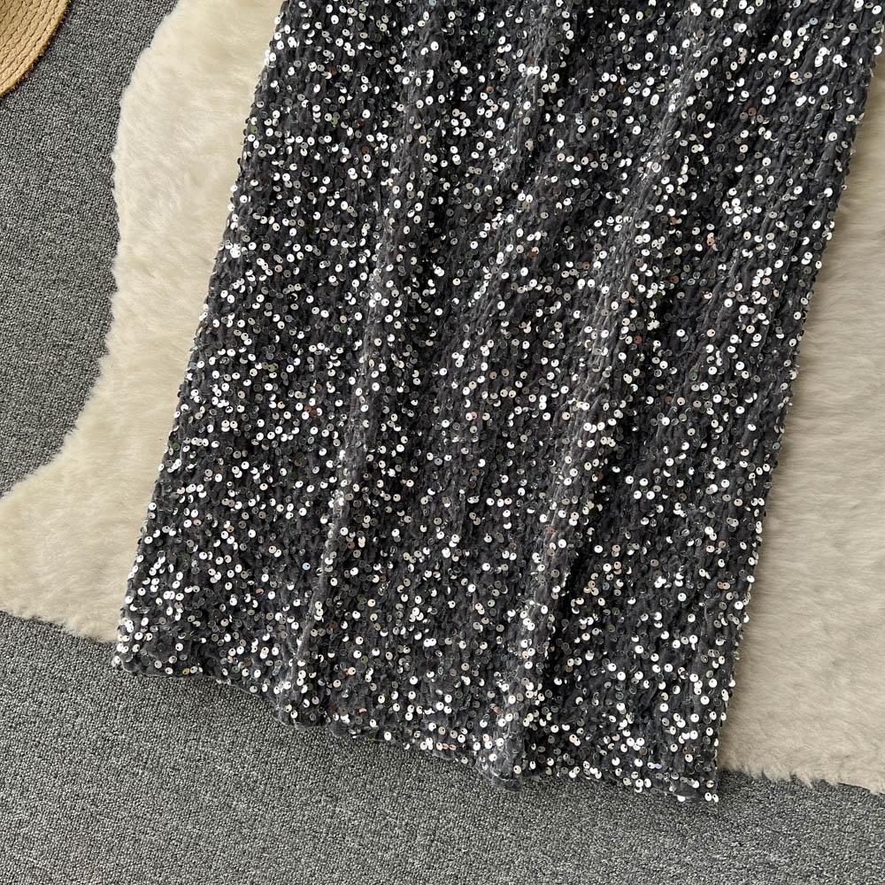 Špičkový Niche Design Flitry Sukně s vysokým pasem Dámské Podzimní Francouzské Retro Mididélka Obepínající boky Šaty