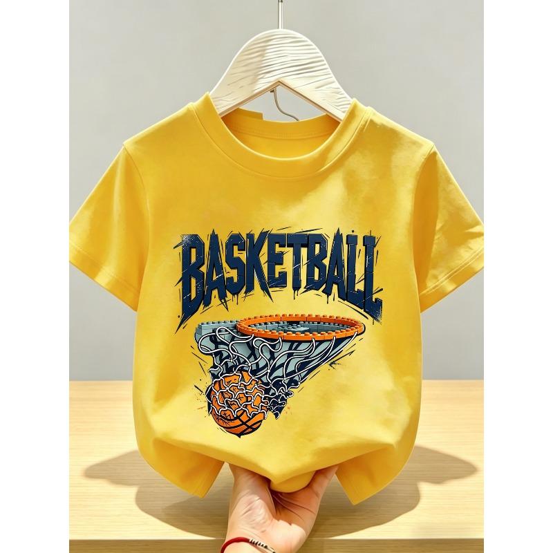 Kids Crewneck Short Sleeve T-Shirt, Ink Splatter Building Block Basketball Hoop Print